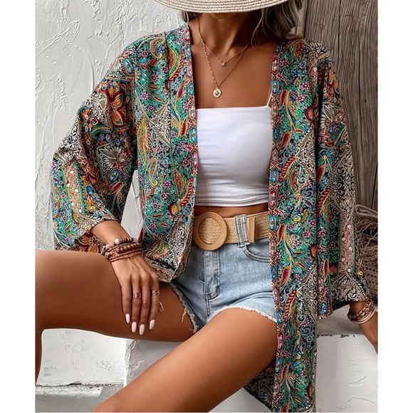 NWOT Boho Mixed Prints Open Front Kimono L - Picture 4 of 13